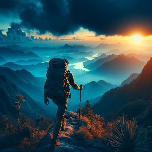 backpacker hiking up a mountain at sunset-6